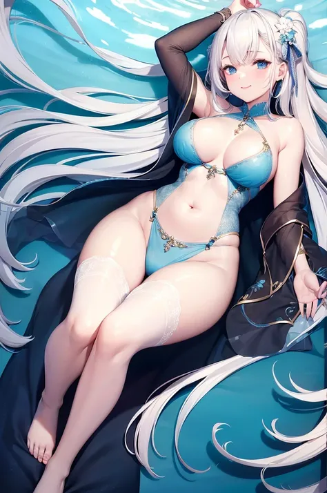 UHD,masterpieces,perfect figure,1girl,solo,white hair,middle breasts,long air,white skin,smooth skin,blue eyes,smilling,speard hair,light-blue dress,beautiful waist,16 years old,white panyhose,nake arms,bows in head back,sitting under sea,bright sky,sunny ...