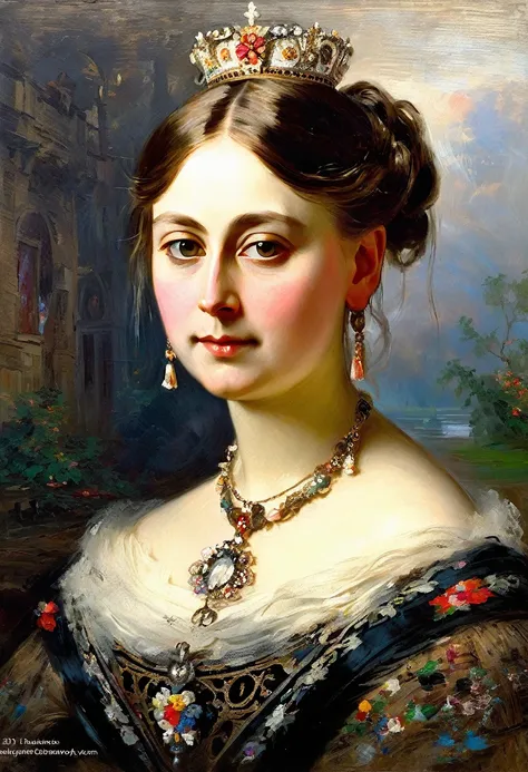 [ceremonial portrait]: charming young queen Victoria, a slight mysterious smile from the shoulder, a dress with embroidered patterns, 19 century,(Konstantin Makovsky style!)), The dark Renaissance, (fog, very scuffing), ((palette/oil painting palette knife...