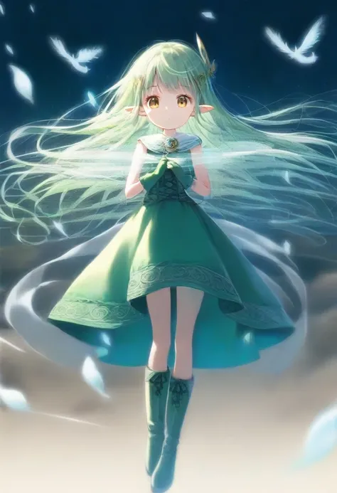 score_9, source_anime, anime_coloring, anime_screencap, the artist creates a wind spirit enveloped in storm, (Sylph, sylphid), tareme,1girl, solo, (wind:1.3), semi long, green hair, golden eyes, pointy ears, (hair ornaments:1.2), green gloves, green long b...