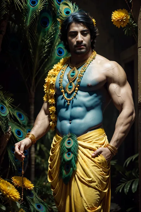 Realistic, masterpiece, 8k, high quality, cinematic lighting, Handsome man,  blue skin, peacock feather , beautiful man, beautiful realistic eyes, divine, full body, garlands, flower garlands, golden necklace, muscular, cheerful, yellow robe pants, 