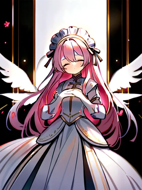 tmasterpiece，Best quality at best，1girl，Be a little round， Round God，solo，The pink hair ends gradually become transparent，transparent wings，White headband headdress，Long hair and double ponytail，ssmile，mitts，a white long skirt，Lie asleep on your side with ...