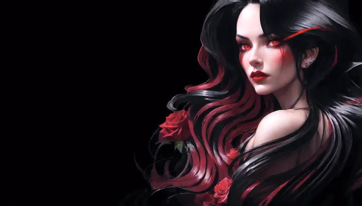 a close up of a woman with long black hair and red roses, black and red hair, stylized digital art, sultry digital painting, kar...