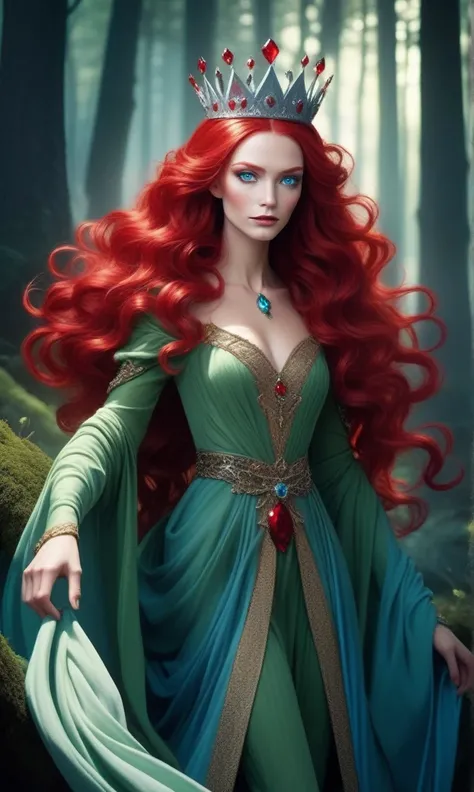 (((Red Queen)))，Red Hair，Green eyes，Blue eye shadow，Gorgeous crown，Gorgeous jewelry， Shadowweave Robe, Flowing fabrics, The ultimate light, Dynamic Synthesis, Mysterious Woodland, Charming atmosphere, Soft moonlight, velvety texture, Luminous details.