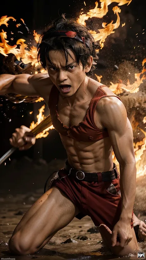 Create an exciting poster with Luffy from "one piece" em um ataque de raiva, wolf-headed. Capture the essence of his fiery determination and unyielding spirit as he unleashes his wrath on his enemies. Mantenha-o curto, ousado, e intenso para transmitir o p...