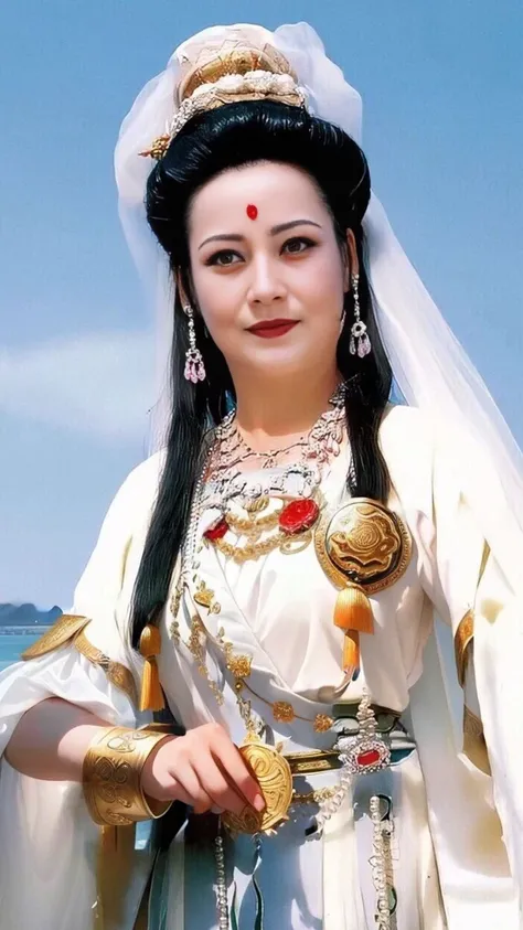 Arav woman in white dress and gold jewelry poses for photo, Queen of the Sea Mu Yanling, Ancient Princess Libu, A young woman plays, Portrait of a Modern Darna, ancient Chinese Princess, Chinese Queen, Chinese Princess, Chinese Goddess, heise-lian yan fang...