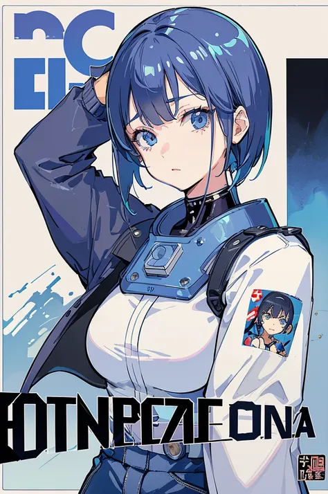 (masterpiece: 1.2, best quality), (1 lady, solo, upper body: 1.2), Hair: short cut, Clothing: oversized denim jacket and combat boots, underground or street art exhibition, android girl perfect for the future, cyborg girl, blue cyborg, cyborg - girl with s...