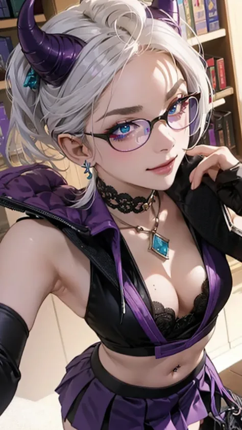 8k, masterpiece, best quality, highly detailed, 1 girl, tiefling, warlock, multicolored hair, very short straight hair green highlight hair on white hair, strippled hair, wearing glasses, round glasses, earrings, red eyeshadow, long eyelashes,navel piercin...