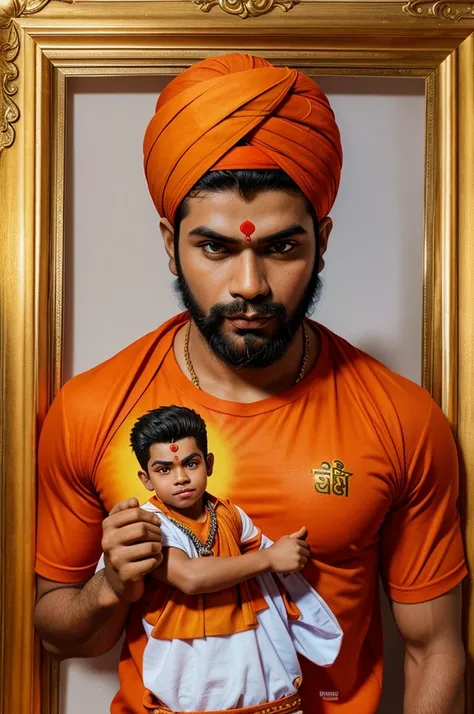 A boy is holding photo frame of Hanuman ji 
The boy is wearing a saffron shirt  with kuljeet 
Name written on it ,3d illustration 