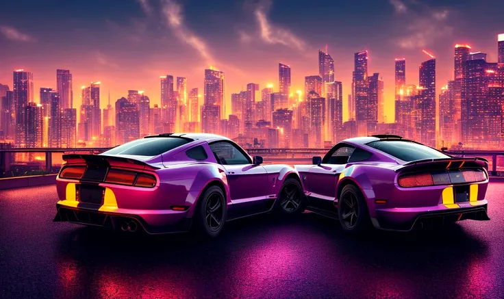 a Shelby Cobra sports car, detailed intricate car body, 3:2 aspect ratio, gleaming metallic finish, dynamic pose, night cityscape of Miami, vibrant neon lights, skyscrapers, palm trees, dramatic cloudy sky, cinematic lighting, sense of speed and danger, bl...