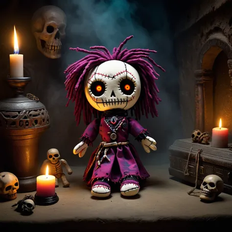 (knitted toy voodoo doll:1.7), (Voodoo Ghoul:1.3), (Clothing: tattered garments with decaying patterns:1.0), (Accessories: glowing eyes, rotting limbs, enchanted talisman:1.2), (Background: haunted crypt with ancient tombs, swirling mist, and spectral figu...