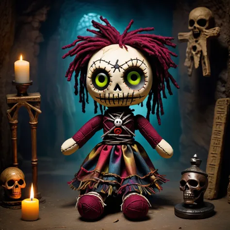 (knitted toy voodoo doll:1.7), (Voodoo Ghoul:1.3), (Clothing: tattered garments with decaying patterns:1.0), (Accessories: glowing eyes, rotting limbs, enchanted talisman:1.2), (Background: haunted crypt with ancient tombs, swirling mist, and spectral figu...