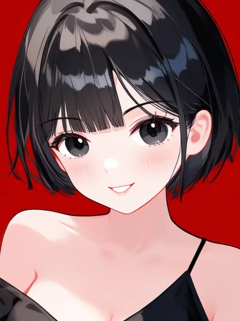 solo,1girl,red background,simple background,upper body,looking at viewer,blush,smile,parted lips,black eyes,black hair,short hai...