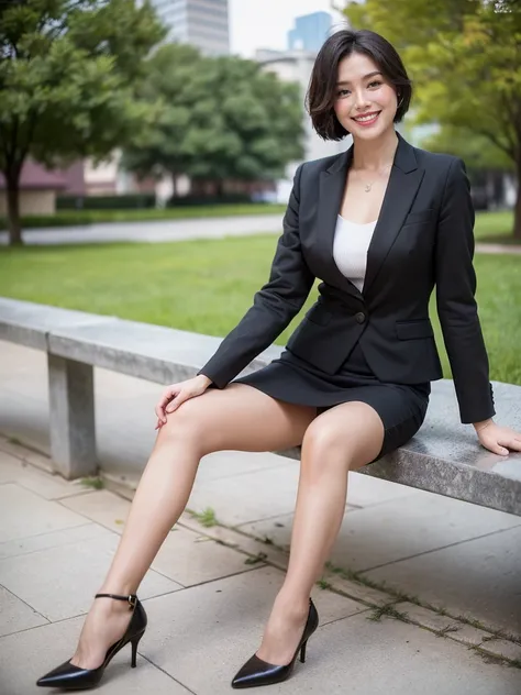 最high quality, 8K, Masseter area, Energetic, Clear focus, high quality, high resolution, Delicate face, Fine particles, thick lips, (Looking at the audience), Solitary, Beautiful woman, 38 years old, Plum, Black short hair,  (business attire:1.5), afternoo...