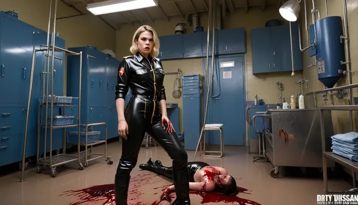 realistic nsfw porn gore photo , WWII Blond Clea Duvall standing nude breasts , wearing black shinny pvc WWII german uniform , black shinny pvc catsuit , wearing shinny pvc thigh high boots , in dirty operating room with blood on ground and walls , meat ha...