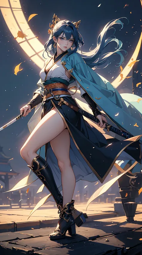 Highest quality、masterpiece、8K、Realistic、超High resolution、Very delicate and beautiful、High resolution、Fantasy、Muscle Girl、Perfect female body、Neutral women、Blue Hair、Toned body、Cape、kimono、boots、cigarette、Wild Pose、Full body emphasis、Simple Background、Angr...