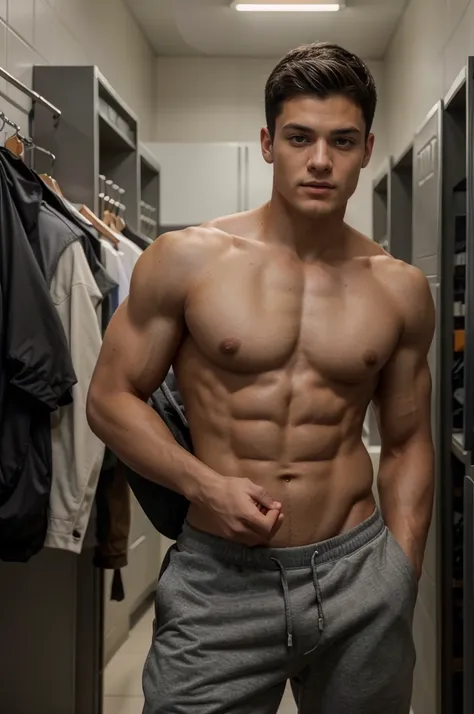 ((best quality)), ((Masterpiece)), (detailed), 1 boy, muscular shirtless, with a black backpack, gray sweatpants standing in front of the orange lockers of his school, his face is realistic similar to Grayson Dolan, with his dark hair, and his perfect jaw,...