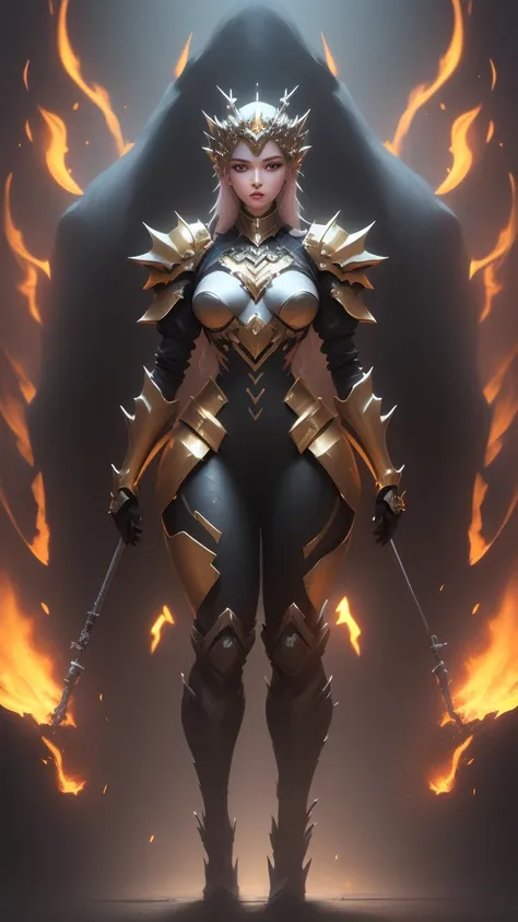 a woman adorned in fantasy-style full-body armor, a crown-concept fully enclosed helmet that unveils only her eyes, a composite ...