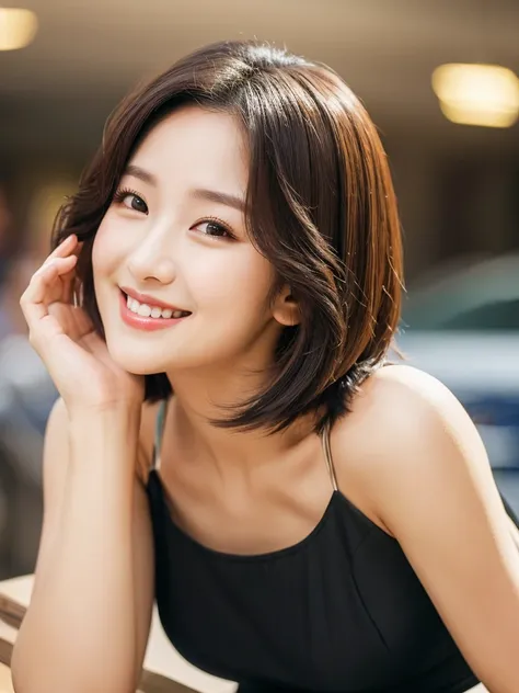 28-year-old South Korean young adult. Short blonde hair. Her face is slightly shorter than it is long, her chin is rounded, and her forehead and jawline are soft and curved as well as having balanced proportional with a small sign on the right side of your...