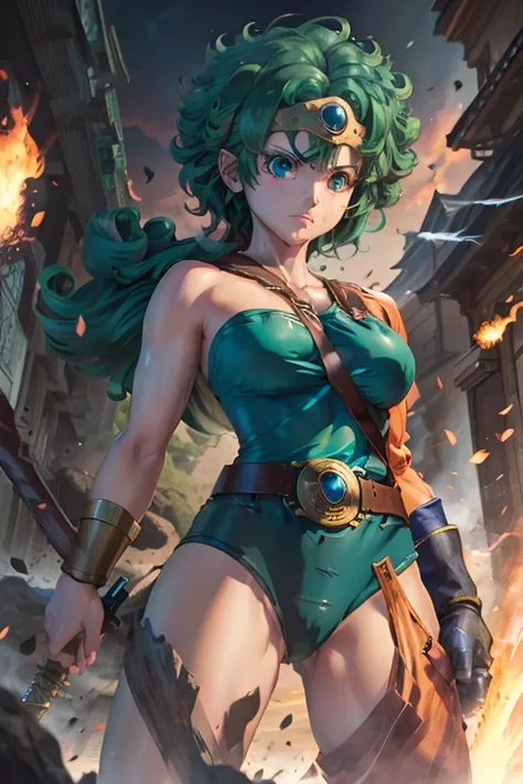 Anime Artwork Anime Artwork Masterpiece,most、high quality, Unreal Engine, Ultra-high resolution, Very detailed丸い胸, 1 person with medium chest,  Waist, thin,(Muscular:0.9)
 heroine, 
Circlet, Curly Hair, Green Hair, short hair, Asymmetrical clothing, leotar...