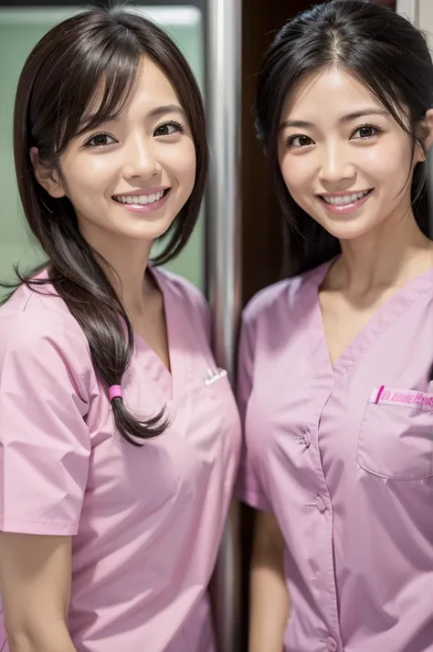 Dental hygienist, only two women　Side by side, smiling, wearing pink medical scrubs　Pink, short sleeves, cute, Japanese, black hair, female, early 20s　Upper body close-up　high resolution　Highest quality　　Don&#39;t put your face too close.々