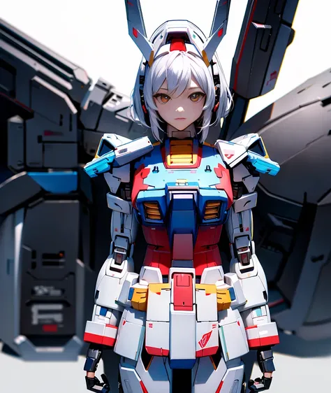 Gundam Design、Female body type、high resolution、Upper Body、Hangar、Masterpiece、Simple white background。