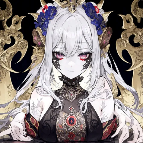 ((Best masterpiece, Perfect quality, Ultra detailed)), A girl with curse patterns on her skin, Patterns on face, Limbs with sigils, Evil pattern, Cursed pattern, She is poor, A victim, Whole body