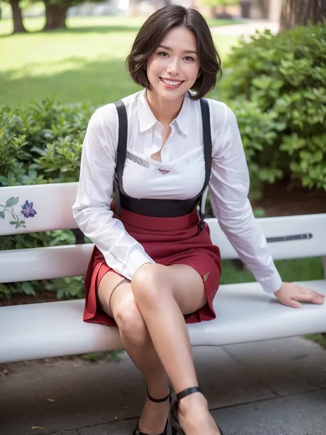 最high quality, 8K, Masseter area, Energetic, Clear focus, high quality, high resolution, Delicate face, Fine particles, thick lips, (Looking at the audience), Solitary, Beautiful woman, 38 years old, Plum, Black short hair,  (Printed suspender skirt:1.5), ...