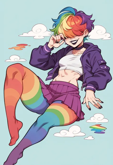 A feminine looking man, rainbow hair, messy chogo, hair that covers the eyes, paint black lips, flirtatious smile, purple mini jacket, fitted white top, purple moni skirt, short rainbow tights, Slim and feminine body., thick thighs, small breasts, very big...