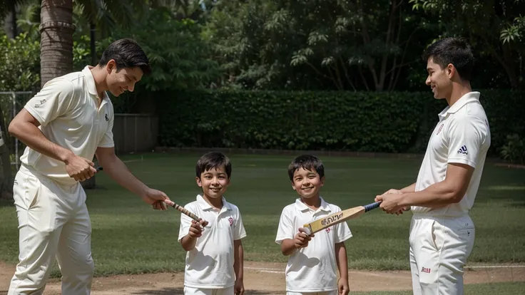 A man is seen teaching a boy how to play cricket. They are outdoors, surrounded by lush greenery and bright sunlight, suggesting a warm, pleasant day. The man is positioned closely behind the boy, guiding his hands on the cricket bat, indicating a moment o...