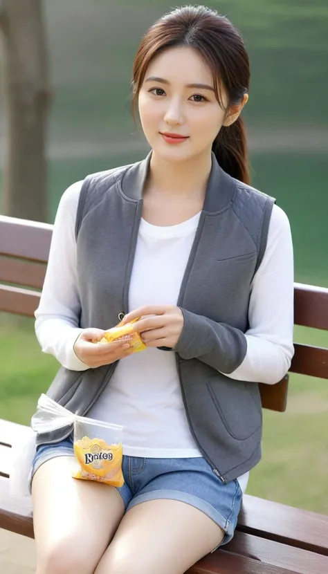 Close up of beautiful Korean woman, 34 inch chest size, Wearing a gray vest, shorts, Sit cross-legged on a bench, Holding a snack bag, Sunlight, Scenery background, Ultra HD