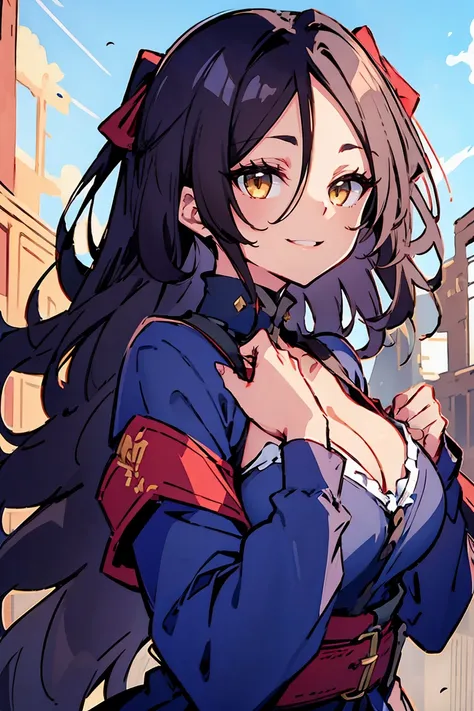 (masterpiece:1.2), (high quality:1.2), (hui xiyi:0.7)rekkyo sensen, rekkyou sensen, girls with((black hair, tits cleavage, waving is hands, breasts close up, (suspenders, dress, belt:0.7), (blue clothes, frills shirt, black armwear:1.2), exposed breasts, s...