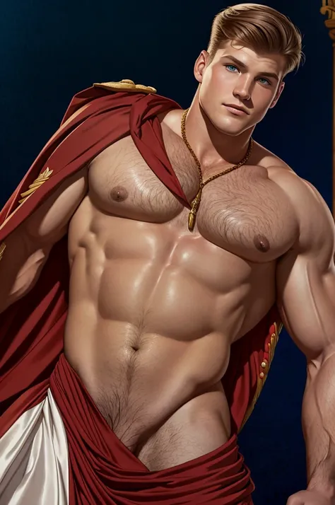 illustration in Leyendecker style: muscular, hairy chest and belly Alexander Ludwig, Big Dick - Lieutenant Roy Pierce in full dress uniform, "Midway"