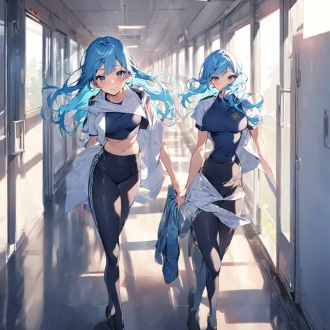 Girl walking in a school hallway, long blue hair, skin fair, breasts highlighted in tight shirt, cosplay de uniforme