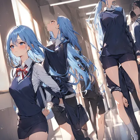 Girl in a school hallway, long blue hair, tight shirt, cosplay de uniforme