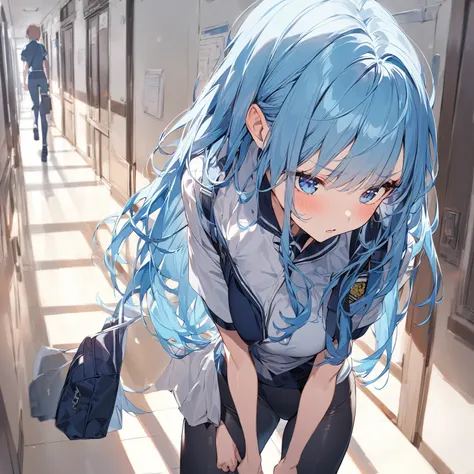 Girl in a school hallway, long blue hair, tight shirt, cosplay de uniforme