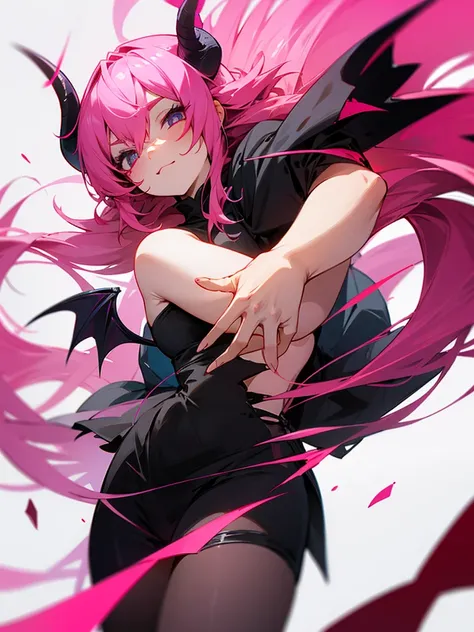 A demon  with black little horn pink hair and a demon tail