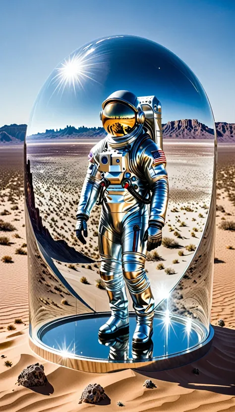 Giant astronaut wearing a mirrored helmet standing in the desert，See a model of New York City in a glass dome on the ground below，Beautiful sparkling crystal hemisphere, Flying vehicles，Lenses, Scenes, amazing, thrilling, There&#39;s a magical feeling in t...