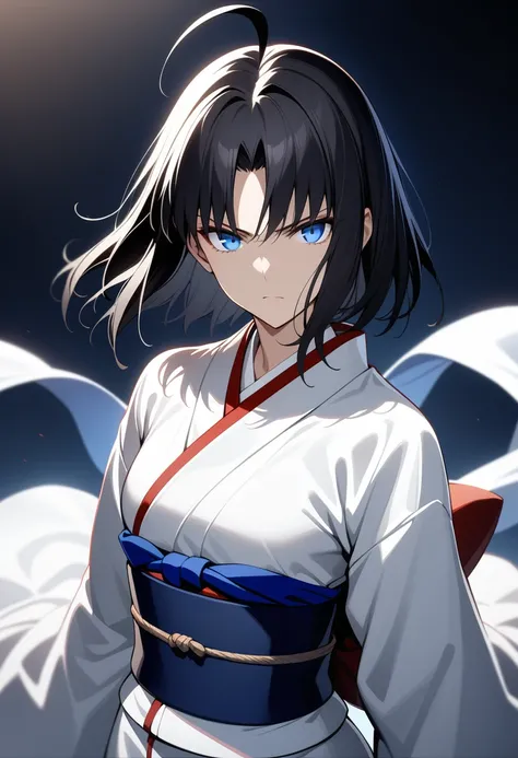 masterpiece, best quality, very aesthetic, absurdres,
1girl, ryougi shiki, kara no kyoukai, black hair, blue eyes, white kimono, obi, sash, japanese clothes, ahoge, wide sleeves, serious, looking at viewer,