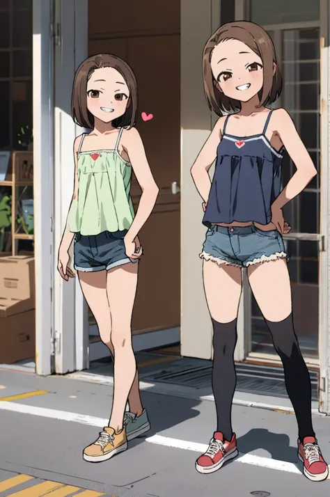 masterpiece, highres, 1girl, short hair,   TokoUsagiharaR4, brown hair, brown eyes, ,,looking viewer,,spoken heart,6yo,(petite),flat chest,thigh,grin,camisole,denim shorts,outdoor,shoes,thighhighs