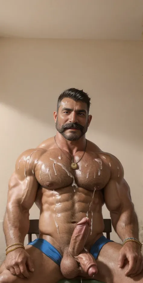 (masterpiece, intricately detailed, highest resolution, best quality:1.2),a cocky indian male model,a 80 y.o muscle dad with a muscular physique sitting on a chair with black eyes,bald head, signature mustache, dark-skinned male, wearing a speedo, huge bea...