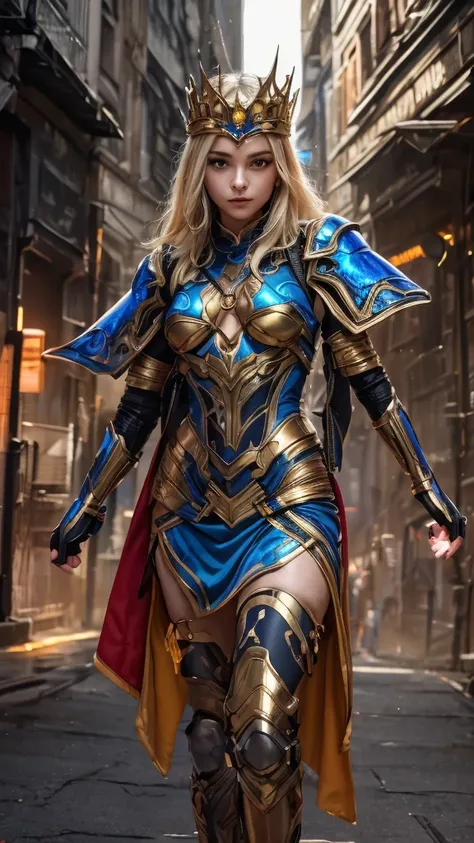 a woman adorned in fantasy-style full-body armor, a crown-concept fully enclosed helmet that unveils only her eyes, a composite ...