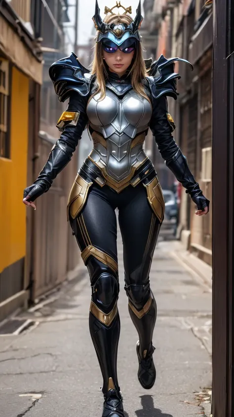 a woman adorned in fantasy-style full-body armor, a crown-concept fully enclosed helmet that unveils only her eyes, a composite ...