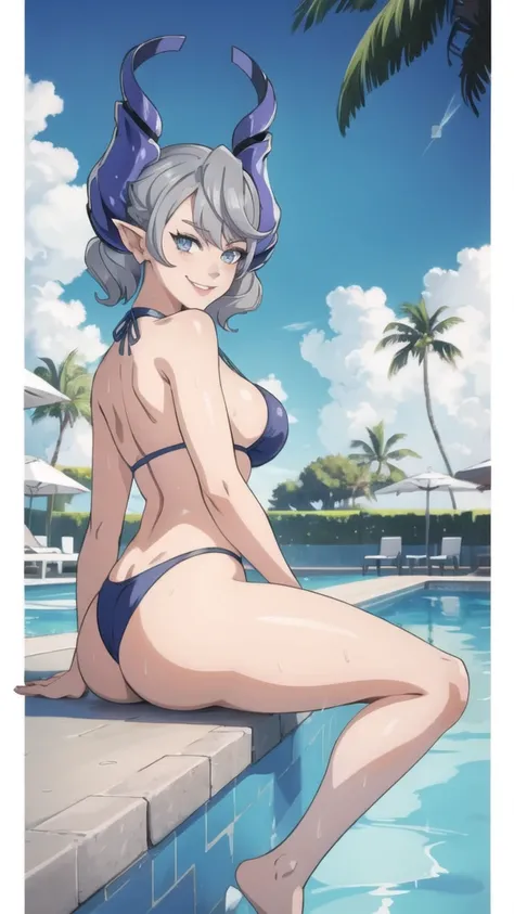 Match background High level image quality　best image quality　8K　 adult woman    pool party  rain　palm trees  more colors   whole body view　portrait　 bikini   　horn    ears  　short hair（（shortcut）（gray hair）（perm）（fluffy））　eye color is blue ,  , 　attractive...