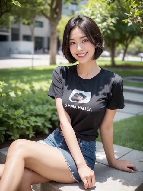 最high quality, 8K, Masseter area, Energetic, Clear focus, high quality, high resolution, Delicate face, Fine particles, thick lips, (Looking at the audience), Solitary, Beautiful woman, 38 years old, Plum, Black short hair,  (t-shirt:1.5), afternoon、In fro...