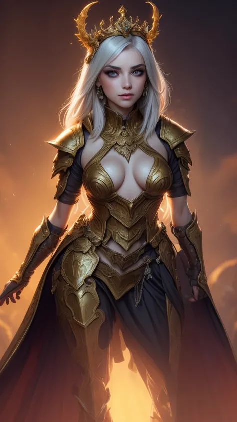 A woman adorned in fantasy-style full-body armor, a crown-concept fully enclosed helmet that unveils only her eyes, a composite layered chest plate, fully encompassing shoulder and hand guards, a lightweight waist armor, form-fitting shin guards, the overa...