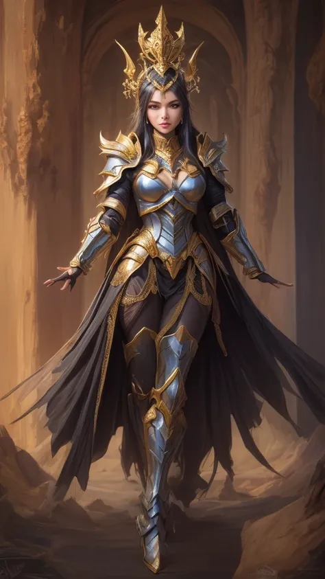 A woman adorned in fantasy-style full-body armor, a crown-concept fully enclosed helmet that unveils only her eyes, a composite layered chest plate, fully encompassing shoulder and hand guards, a lightweight waist armor, form-fitting shin guards, the overa...