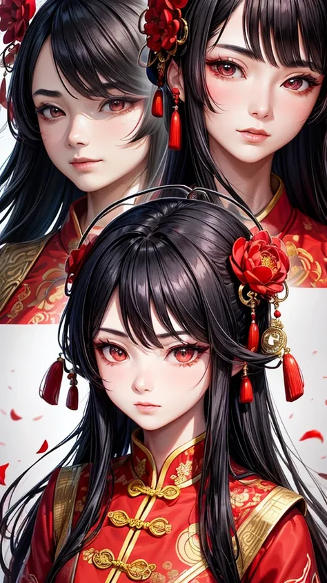 Chinese ancient style handsome girl,frontal close-up,facial close-up,black long hair,wearing ancient Chinese red wedding clothes,wedding clothes with patterns,red petals flying in the air,the background is a gorgeous wedding palace,delicate facial features...