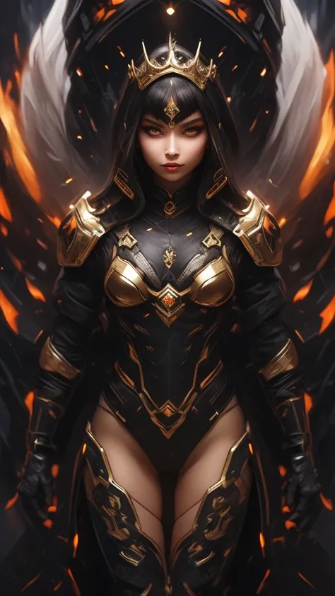 a woman adorned in fantasy-style full-body armor, a crown-concept fully enclosed helmet that unveils only her eyes, a composite ...