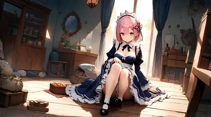 ((masterpiece)), (((best quality))), ((ultra-detailed)), ((illustration)), anime girl with pink hair and blue dress sitting on t...