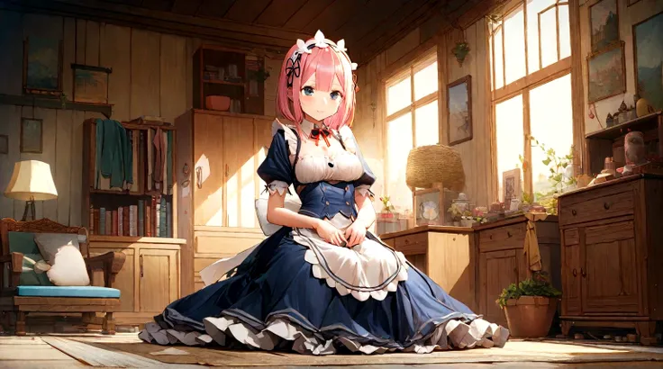 ((masterpiece)), (((best quality))), ((ultra-detailed)), ((illustration)), anime girl with pink hair and blue dress sitting on the floor, a digital rendering by Kamagurka, pixiv, auto-destructive art, anime girl in a maid costume, gorgeous maid, from the a...